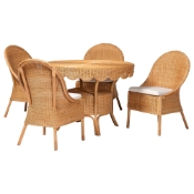 bali & pari Tyrone 5-Piece Rattan Dining Set - Round Wicker Table with Scallop Edge and 4 Side Chairs, Handwoven Boho Coastal Style for Dining, Kitchen or Sun Room, Light Honey